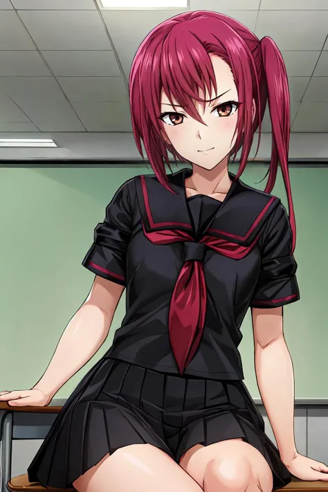 (masterpiece, best quality:1.2), highres, 4k, 8k, 1girl, solo, smirk, closed mouth,
Kirika_Hosho_V1, red hair, long hair, side ponytail, hair between eyes, bangs, brown eyes,
school uniform, serafuku, black shirt, short sleeves, red neckerchief, black skirt, pleated skirt, white socks,
sitting on chair,
indoors, classroom, school chair,
<lora:add_detail_CyberAlchemist:0.4>, <lora:GoodHands-beta2:0.8>, <lora:KirikaHoshoV1-000010:0.8>