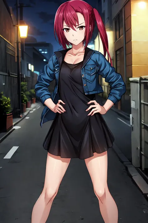 (masterpiece, best quality:1.2), highres, 4k, 8k, 1girl, solo, frown,
Kirika_Hosho_V1, red hair, long hair, side ponytail, hair between eyes, bangs, brown eyes, collarbone,
black dress, short dress, blue jacket, denim jacket, cropped jacket, open jacket,
standing and spread legs, hand on hip,
outdoors, street,
<lora:add_detail_CyberAlchemist:0.4>, <lora:GoodHands-beta2:0.8>, <lora:KirikaHoshoV1-000010:0.8>