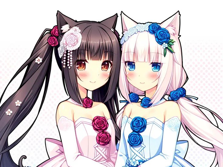 (score_9,score_8_up,score_7_up,score_6_up,score_5_up,score_4_up),<lora:Hans-Nekopara-base-v2-000010:0.65> <lora:SDXL-Nekopara-Base-Lora-000002:0.4>,
Vanilla_\(nekopara\), Chocola_\(nekopara\), multiple girls, , multiple_girls, 2girls, animal_ears, dress, cat_ears, tail, flower, gloves, blue_eyes, cat_tail, pink_hair, twintails, elbow_gloves, long_hair, hair_ornament, smile, wedding_dress, tiara, hair_flower, open_mouth, blush, tail_ornament, breasts, bare_shoulders, jewelry, :3, small_breasts, cleavage, brown_hair, brown_eyes, necklace, black_hair, bouquet, :d, very_long_hair, slit_pupils, ribbon
