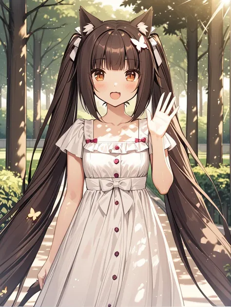 ((masterpiece, best quality, highres)), 1girl, nekopara, (Chocola_\(nekopara\)), cat ears, twintails, very long hair, brown hair,  white dress, happy, looking at viewer, waving, park, trees, dappled sunlight, butterfly, garden, <lora:SDXL-Nekopara-Base-Lora:0.8>