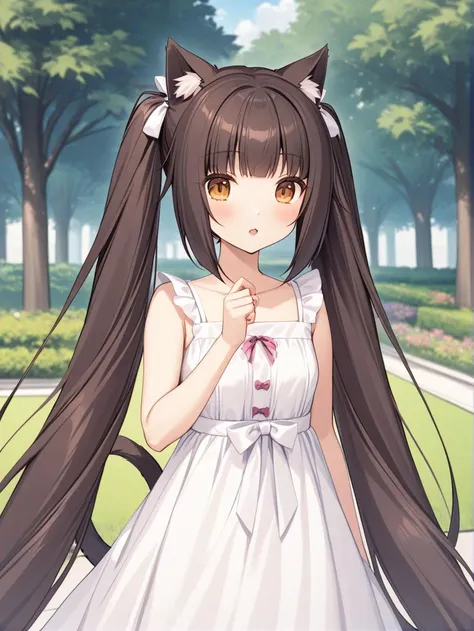 masterpiece, highres, 1girl, nekopara, (Chocola_\(nekopara\)), cat ears, cat tail, twintails, very long hair, brown hair,  white dress, park, tree, butterfly, garden, <lora:SDXL-Nekopara-Base-Lora:0.7>