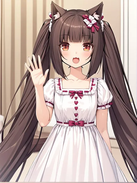 ((masterpiece, best quality, highres)), 1girl, nekopara, (Chocola_\(nekopara\)), cat ears, twintails, very long hair, brown hair,  white dress, happy, looking at viewer, waving, <lora:SDXL-Nekopara-Base-Lora:1>