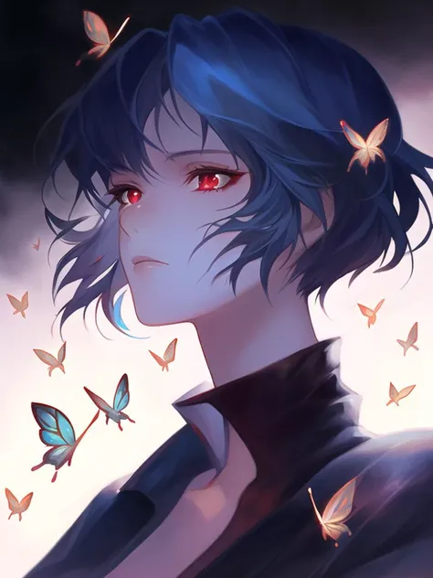 portrait, masterpiece portrait of Rei Ayanami \(evangelion\), evangelion \(Hideaki\), high resolution illustration, red eyes, feminine, no pupils, blue hair, short hair, desolation, ruins, butterfly