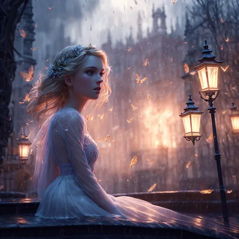 (extremely detailed CG unity 8k wallpaper), a beautiful young woman in the rain, dress, sitting, graveyard with lanterns, Style-Empire, (Style-Glass), (((surrealism))), full_body_shot, dramatic, backlit, light rays, volumetric lighting, detailed face, highly detailed, painting