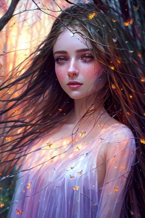 (extremely detailed CG unity 8k wallpaper), a beautiful young woman in the rain among branches and fireflies, sundress, Style-Autumn, (Style-Glass), (((surrealism))), full_body_shot, dramatic, backlit, light rays, volumetric lighting, detailed face, highly detailed, painting