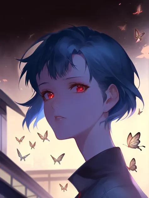 portrait, masterpiece portrait of Rei Ayanami \(evangelion\), evangelion \(Hideaki\), high resolution illustration, red eyes, feminine, no pupils, blue hair,  short hair, cityscape, city lights, streets, alleyway, outdoors, apocalypse, Tokyo-3, end of the world, butterfly