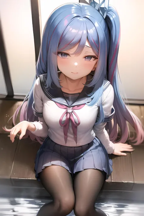 woman, 29 yo, sexual expression invite,sexual face,pantyhose Detailed((tights with detailed textures)),feet to the viewer,feet in front of the spectator,blue hair,long twintail hair,blue eyes,