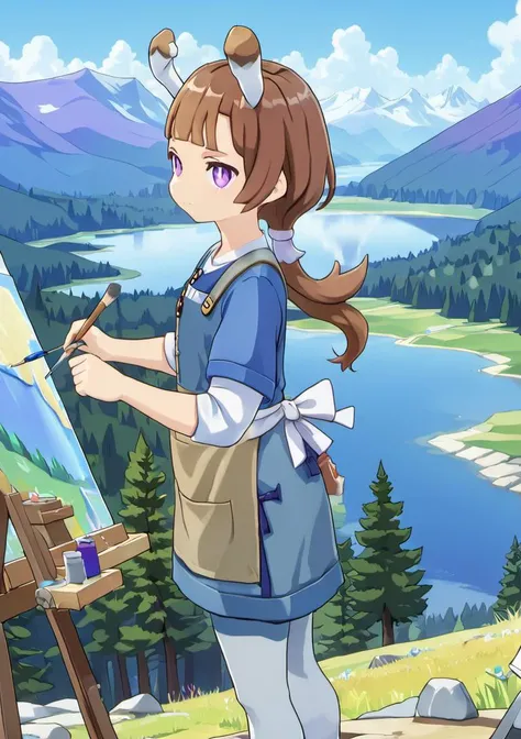 (nels02:1.8), 1girl, thin tail, brown hair, blue apron, gray tshirt, purple eyes, outdoors, forest, pines, mountains, valley, lake, sunny day, paint, easel, from below, hands on hip, <lora:0_GI_Mels_All_In_One_00_00_002:0.7>