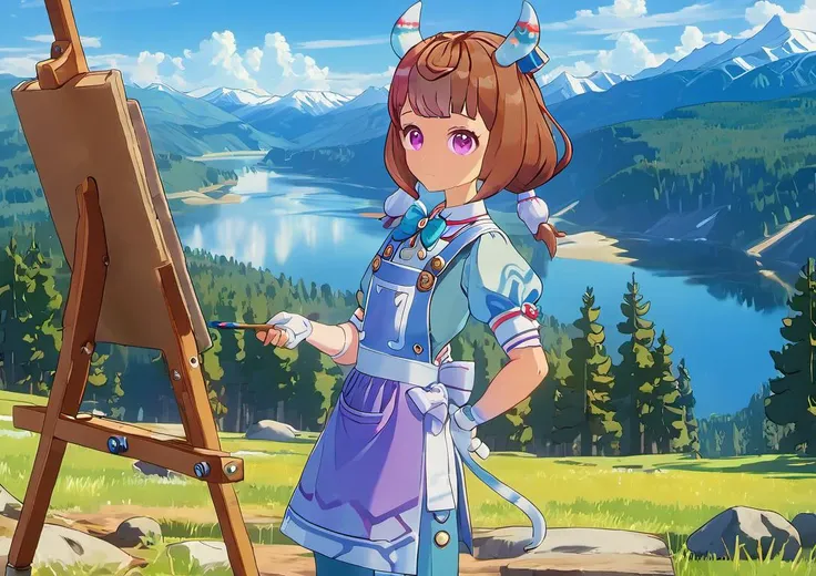 (mels04:1.1), 1girl, thin tail, brown hair, blue apron, gray tshirt, purple eyes, outdoors, forest, pines, mountains, valley, lake, sunny day, paint, easel, from below, hands on hip,  <lora:0_GI_Mels_All_In_One_00_00_002:0.7>