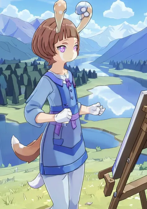 (nels02:1.8), 1girl, thin tail, brown hair, blue apron, gray tshirt, purple eyes, outdoors, forest, pines, mountains, valley, lake, sunny day, paint, easel, from below, hands on hip,  <lora:0_GI_Mels_All_In_One_00_00_002:0.9>