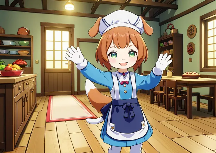 1girl, nels02, apron, long sleeves, indoors, beret, light smile, waving, pawpads, <lora:0_GI_Mels_All_In_One_00_00_002:0.7>
