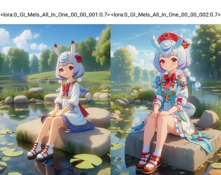 portrait of mels, sitting on the shore of a pond, sitting on a stone, HD, extra detailed, smile, (Cute:1.1), masterpiece, best quality, <lora:0_GI_Mels_All_In_One_00_00_001:0.7>