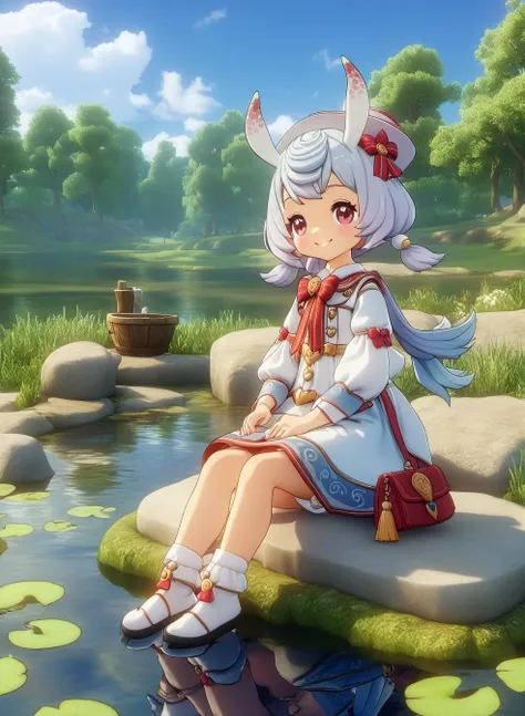 mels02, sitting on the shore of a pond, sitting on a stone, HD, extra detailed, smile, (Cute:1.1), masterpiece, best quality, <lora:0_GI_Mels_All_In_One_00_00_001:0.7>