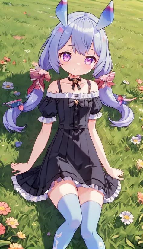(masterpiece), (best quality), (detailed background, best lighting), ultra-detailed, highly detailed, (((blush))), shy, solo, (happy), (smile),, barefoot, full body,  <lora:add_detail:0.8>
(twin tail), very long hair, (light purple hair), (purple eye),
black dress, short sleeve,
lying on the grass, (colorful flowers), shadow, sunlight, warm, side lighting,
Bird's-eye view,
[[lolita_fashion]], (off_shoulder),
(Mels04), (rounded ears), (thin tail), (blue skin:1.2), <lora:0_GI_Mels_All_In_One_00_00_002:0.7>