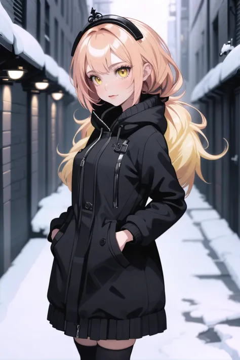 1girl, woman, (goth sharpshooter:1.3), (blush:1.3), light yellow eyes, pose,, (winter coat:1.2) [:intricate costume design:0.2], bombshell hair, shiny platinum hair, long bombshell hair,Fringe Cut, average figure, caucasian, (natural sunlight, interior, in a Musty dark alley:1)