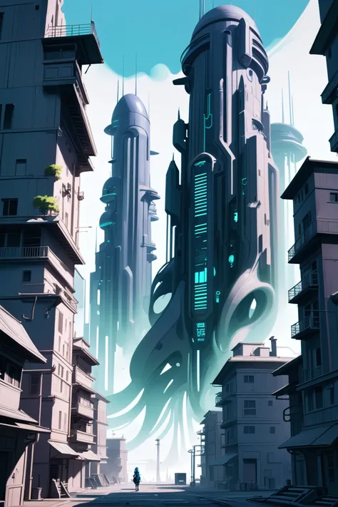 stylized anime digital painting, gargantuan,ghostly scifi metropolis outside of reality