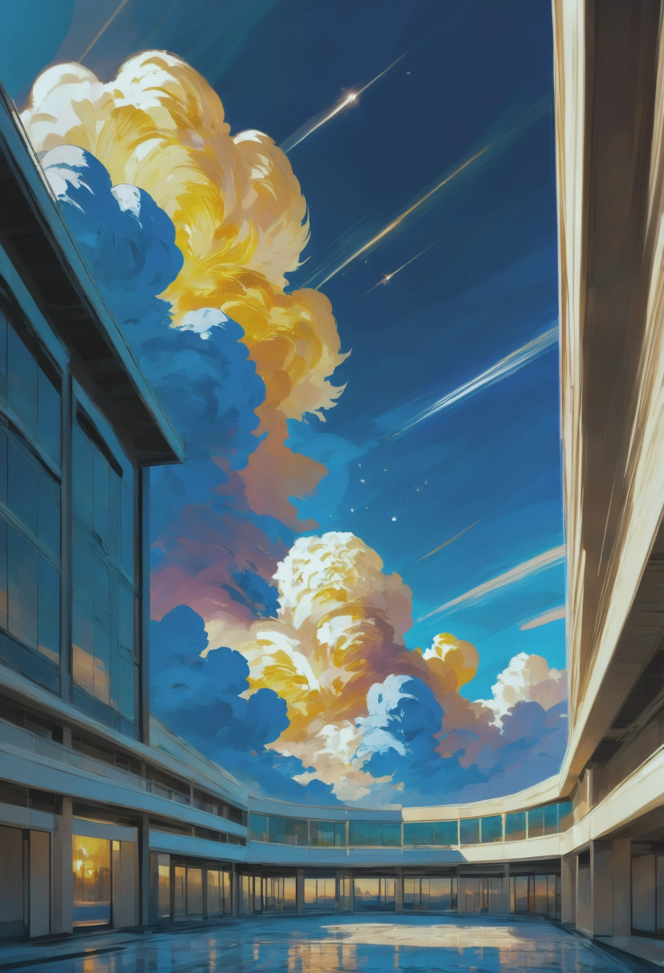 rough palette knife painting, photoshop thick palette knife brushes, digital painting, anime movie promotional still, golden hour, blue sky, clouds, architecture, "at the Long exposure Unearthly Constellation" <lora:EnvyAnimeOilXL01:1>