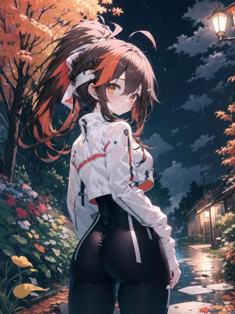 masterpiece, best quality, absurdres,from behind, <lora:julietteV2:1> juliettebodysuit, bandaid, headband, juliette, skin tight, cropped jacket, orange eyes, long ponytail, brown hair, multicolored hair, streaked hair, medium breasts, thighs, gluteal fold, outdoors, ahoge, autumn, rain, garden, (night:1.2)