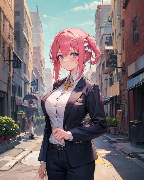 1girl,large breasts, 
outdoors,cityscape, street,standing,cowboy shot, 
((business suit)), 
blush,<lora:YuiCeremonialV1[yuicere_midriff_white_skirt]-000006:0.8>