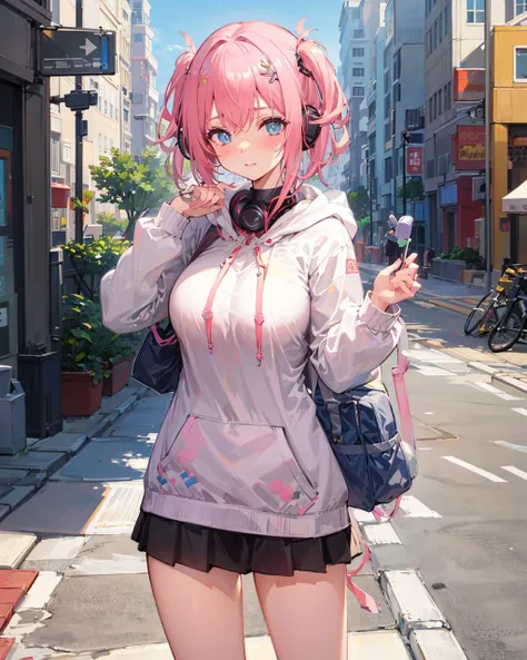 1girl,large breasts, 
outdoors,cityscape, street,standing,cowboy shot, 
(hoodie),headphones around neck, 
blush,<lora:YuiCeremonialV1[yuicere_midriff_white_skirt]-000006:0.75>