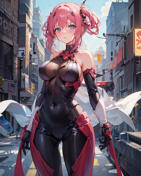 1girl,large breasts, 
outdoors,cityscape, street,standing,cowboy shot, 
((plugsuit)), ((mechanical arms)),
blush,<lora:YuiCeremonialV1[yuicere_midriff_white_skirt]-000006:0.8>