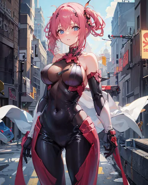 1girl,large breasts, 
outdoors,cityscape, street,standing,cowboy shot, 
((plugsuit)), ((mechanical arms)),
blush,<lora:YuiCeremonialV1[yuicere_midriff_white_skirt]-000006:0.8>