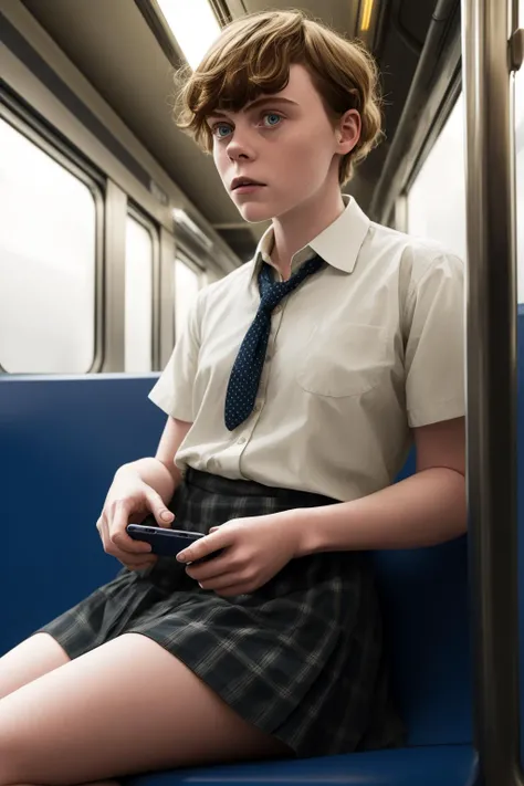 masterpiece, highly detailed, photo of Sophia-Lillis, sitting in a subway car, skirt, school uniform, holding smartphone, neon lights , dystopian city , hackers <lora:Sophia-Lillis:0.75>