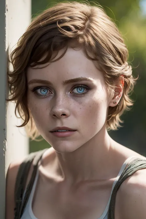 photo of Sophia-Lillis, (highly detailed face and eyes:1.3),short jeans, white tank top, (realistic:1.2), (realism), (masterpiece:1.2), (best quality), (ultra detailed), (8k, 4k, intricate), (highly detailed:1.2),(detailed face:1.2), HDR,  <lora:Sophia-Lillis:0.8>