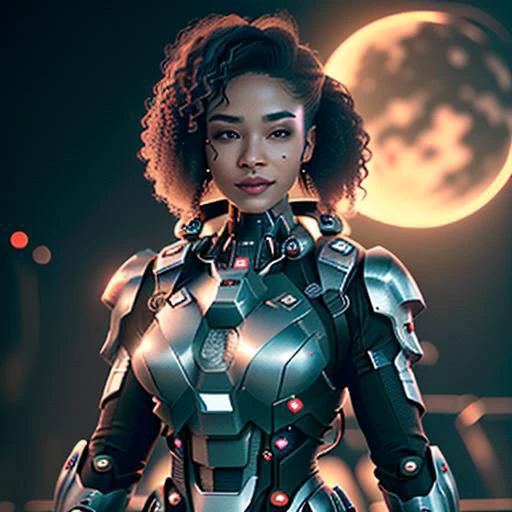 HDR, power armor, mounted weapons, titanium, woman, swpunk, synthwave, beautiful African American woman with long curly frizzy brown hair smiling, foggy, natural lighting, absurdres. A cinematic picture of a smiling female sci-fi soldier in power armor, jetpack, rocket pack, shoulder-mounted energy gun, left forearm-mounted shotgun, masterpiece, best quality, wide-angle Hyperdetailed, 8k, Multi-Layered Textures, deep colors, absurdres. (masterpiece), sci-fi, action scene, Super-Resolution, Unreal 5, Subsurface scattering, PBR Texturing, Post-processing, Anisotropic Filtering, Depth-of-field, Maximum clarity and sharpness, Multi-layered textures, Albedo and Specular maps, Surface shading, Accurate simulation of light-material interaction, Perfect proportions, Octane Render, Two-tone lighting, Low ISO, White balance, Rule of thirds, Wide aperture, Efficient Sub-Pixel, sub-pixel convolution, luminescent particles. female Spartan, power armor, science fiction, moonlit night in futuristic city, perfect eyes, face, lighting, sci-fi city background, codpiece. cyberpunk, tech armor, glowing armor, neon armor, power armor, glow, neon, mechanical parts, tech parts, technological city full of neons, cyberpunk city, neon city, glow, action shot, very vivid lighting, detailed (vibrant, photorealistic, realistic, dramatic, dark, sharp focus).