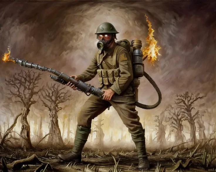 heroic portrait of a man ww1brit holding weapon, (flamethrower:1.2), (backpack:1.2), explosions in the background, night, apocalypse, Verdun, Ypres, Passchendaele Dugouts, (Gas mask), Blizzard, Gunfire, Deafening blasts, Labyrinthine, Morbid, Warped, Fear, Fractured landscapes, Drybrush, Focal point, Warm and cool colors, in the style of Salvador Dal, ultra detailed, intricate, surrealism, oil on canvas, dry brush, <lora:ww1brit_v0.1:0.66>, <lyco:ArsenalLoHa-v1.0:0.7>