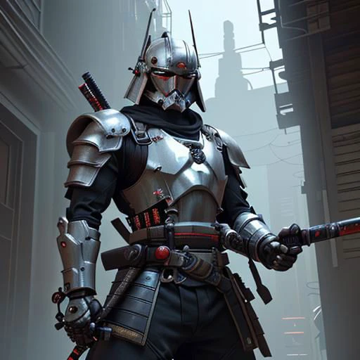 "Craft an image of a futuristic male character adorned in stunning chrome samurai armor, complete with a hi-tech samurai helmet, metallic features, and distinctive Kanawa Security Trooper shoulder pads. Capture the essence of a cinematic action pose as he fires an enchanted submachine gun. The character should exude strength and precision while showcasing the advanced technology of his armor. Additionally, depict him with a sheathed katana on his left hip, creating a visually striking composition that seamlessly combines traditional samurai aesthetics with cutting-edge weaponry.
(masterpiece), 8k, Absurdres, best quality, deep colors, Depth-of-field, Efficient Sub-Pixel, HDR, Low ISO, masterpiece, Maximum clarity and sharpness, Multi-Layered Textures, Octane Render, PBR Texturing, Perfect proportions, Post-processing, Rule of thirds, sub-pixel convolution. Subsurface scattering, Super-Resolution, Surface shading, Unreal 5, White balance, Wide aperture, wide-angle Hyperdetailed,