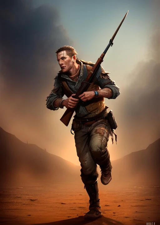 masterpiece, best quality, detailed lips, detailed face, detailed skin, 1boy, rifle, bolt action, post apocalyptic, torn clothes, running, desert, night, night sky<lyco:gunsLoHatry3-000025:0.7>, bayonet