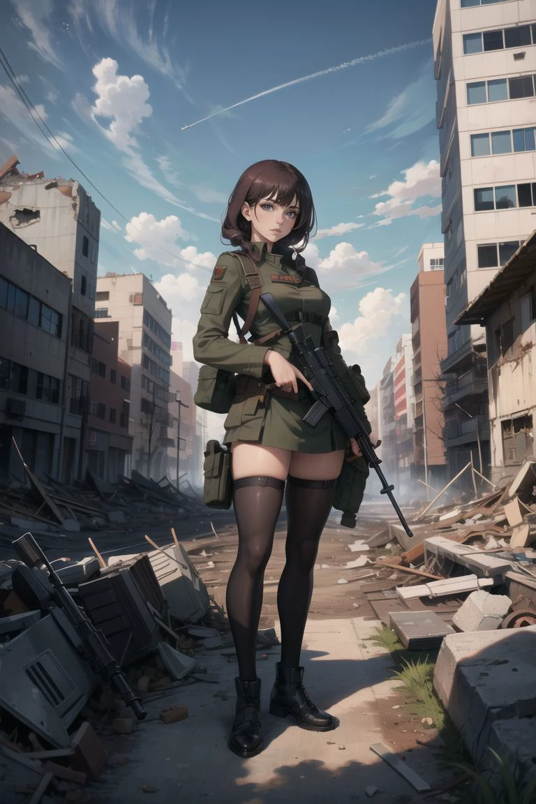 masterpiece, best quality, 1girl, medium breasts, military uniform, infantry boots, black stockings, standing, holding a gun, emotionless,
<lora:ArsenalLoHa-v1.0:1.15>, heavy weapon, assault rifle, rifle in one hand, bolt action,
(apocalypse theme:1.2), (building rubble:1.2), (destroyed buildings:1.2)