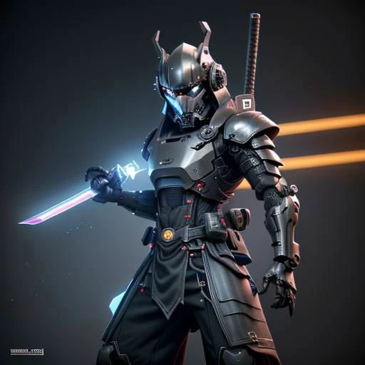 A futuristic male character in advanced chrome samurai armor strikes a cinematic action pose. He wears a hi-tech samurai helmet and features metallic elements throughout. This character embodies the essence of a Kanawa Security Trooper with distinctive samurai armor shoulder pads and a kabuto. In a dynamic display, he is depicted firing an enchanted submachine gun with his right hand while wielding an electric katana in his left hand.
(masterpiece), 8k, Absurdres, best quality, deep colors, Depth-of-field, Efficient Sub-Pixel, HDR, Low ISO, masterpiece, Maximum clarity and sharpness, Multi-Layered Textures, Octane Render, PBR Texturing, Perfect proportions, Post-processing, Rule of thirds, sub-pixel convolution. Subsurface scattering, Super-Resolution, Surface shading, Unreal 5, White balance, Wide aperture, wide-angle Hyperdetailed,