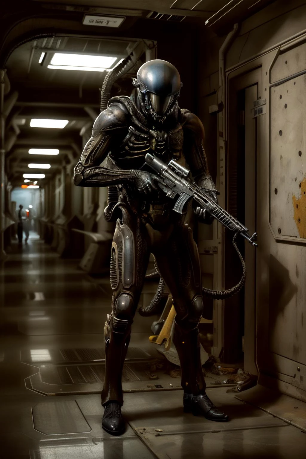 masterpiece, medium shot, dw13alien in a scifi corridor, holding a revolver, aiming at viewer, tail, photorealistic, art by hr giger <lyco:DW13ALIEN-sd-v2:0.9> <lyco:ArsenalLoHa-v1.0:0.6>