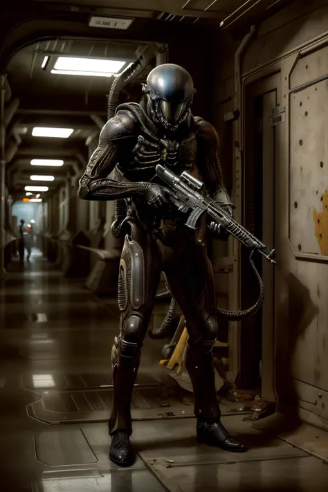 masterpiece, medium shot, dw13alien in a scifi corridor, holding a revolver, aiming at viewer, tail, photorealistic, art by hr giger <lyco:DW13ALIEN-sd-v2:0.9> <lyco:ArsenalLoHa-v1.0:0.6>