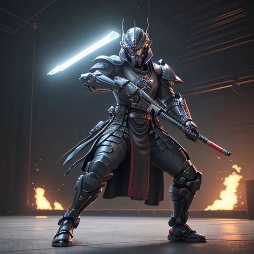 A futuristic male character in advanced chrome samurai armor strikes a cinematic action pose. He wears a hi-tech samurai helmet and features metallic elements throughout. This character embodies the essence of a Kanawa Security Trooper with distinctive samurai armor shoulder pads and a kabuto. In a dynamic display, he is depicted firing an enchanted submachine gun with his right hand while wielding an electric katana in his left hand.
(masterpiece), 8k, Absurdres, best quality, deep colors, Depth-of-field, Efficient Sub-Pixel, HDR, Low ISO, masterpiece, Maximum clarity and sharpness, Multi-Layered Textures, Octane Render, PBR Texturing, Perfect proportions, Post-processing, Rule of thirds, sub-pixel convolution. Subsurface scattering, Super-Resolution, Surface shading, Unreal 5, White balance, Wide aperture, wide-angle Hyperdetailed,