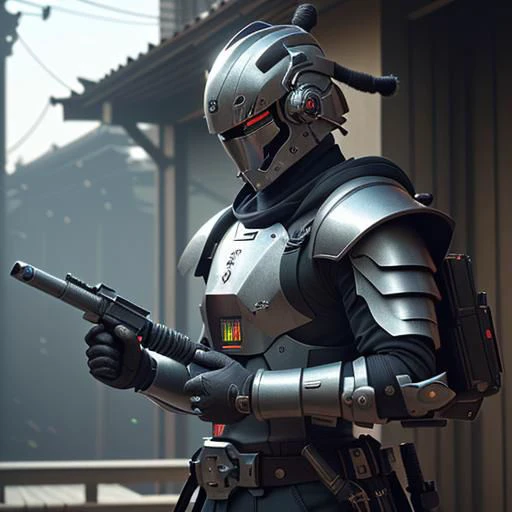 A futuristic male character in advanced chrome samurai armor strikes a cinematic action pose. He wears a hi-tech samurai helmet and features metallic elements throughout. This character embodies the essence of a Kanawa Security Trooper with distinctive samurai armor shoulder pads and a kabuto. In a dynamic display, he is depicted firing an enchanted submachine gun with his right hand while wielding an electric katana in his left hand.
(masterpiece), 8k, Absurdres, best quality, deep colors, Depth-of-field, Efficient Sub-Pixel, HDR, Low ISO, masterpiece, Maximum clarity and sharpness, Multi-Layered Textures, Octane Render, PBR Texturing, Perfect proportions, Post-processing, Rule of thirds, sub-pixel convolution. Subsurface scattering, Super-Resolution, Surface shading, Unreal 5, White balance, Wide aperture, wide-angle Hyperdetailed,