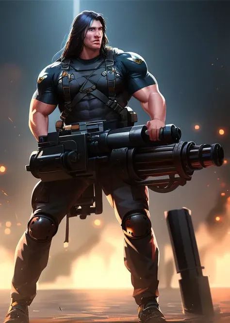 masterpiece, best quality, detailed lips, detailed face, detailed skin, 1boy, long hair, muscular male, holding weapon, gatling gun, heavy weapon <lyco:gunsLoHatry3-000025:0.7>