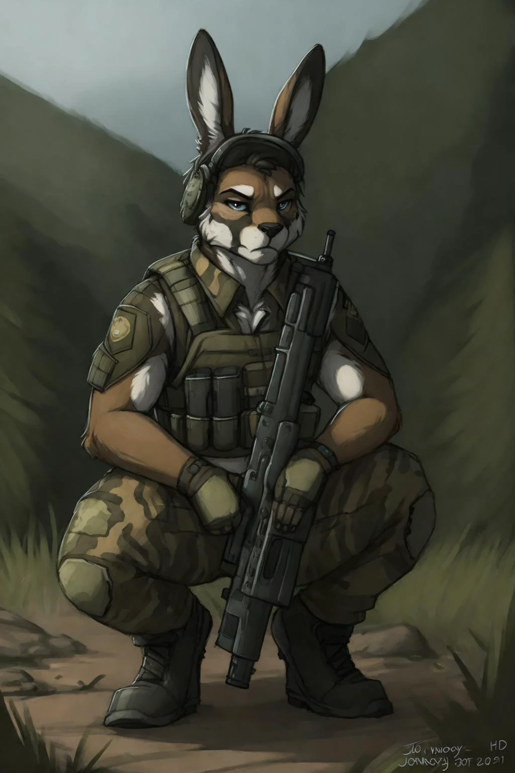 uploaded on e621, by Jay Naylor, by Xenoforge, by honovy, waist up portrait, solo, anthro bunny male, bandana, tactical gloves, (military uniform, military headset, chest rig, armor vest, tactical clothing, camo), ((PMC operative)), crouching down, (holding a sniper rifle, DVL-10 sniper rifle,) solo, wilderness, serious, Tarkov, B.E.A.R. PMC operative, uhd, hdr, 4k, <lora:ArsenalLoHa-v1.0:0.65> sniper rifle