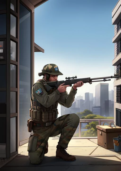masterpiece, best quality, detailed lips, detailed face, detailed skin, 1boy, <lyco:gunsLoHatry3-000025:0.7>, sniper rifle, one knee, aiming, cowboy shot, military, load bearing vest, camouflage, helmet, rooftop, scope, city,
