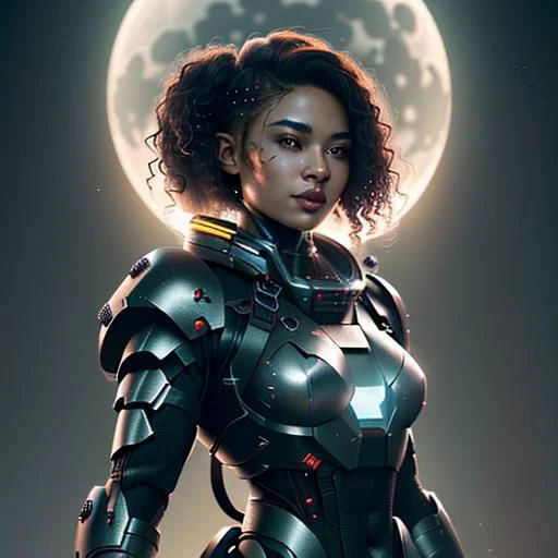 HDR, power armor, mounted weapons, titanium, woman, swpunk, synthwave, beautiful African American woman with long curly frizzy brown hair smiling, foggy, natural lighting, absurdres. A cinematic picture of a smiling female sci-fi soldier in power armor, jetpack, rocket backpack, shoulder-mounted energy gun, left forearm-mounted shotgun, masterpiece, best quality, wide-angle Hyperdetailed, 8k, Multi-Layered Textures, deep colors, absurdres. (masterpiece), sci-fi, action scene, Super-Resolution, Unreal 5, Subsurface scattering, PBR Texturing, Post-processing, Anisotropic Filtering, Depth-of-field, Maximum clarity and sharpness, Multi-layered textures, Albedo and Specular maps, Surface shading, Accurate simulation of light-material interaction, Perfect proportions, Octane Render, Two-tone lighting, Low ISO, White balance, Rule of thirds, Wide aperture, Efficient Sub-Pixel, sub-pixel convolution, luminescent particles. female Spartan, power armor, science fiction, moonlit night in futuristic city, perfect eyes, face, lighting, sci-fi city background, codpiece. cyberpunk, tech armor, glowing armor, neon armor, power armor, glow, neon, mechanical parts, tech parts, technological city full of neons, cyberpunk city, neon city, glow, action shot, very vivid lighting, detailed (vibrant, photorealistic, realistic, dramatic, dark, sharp focus).