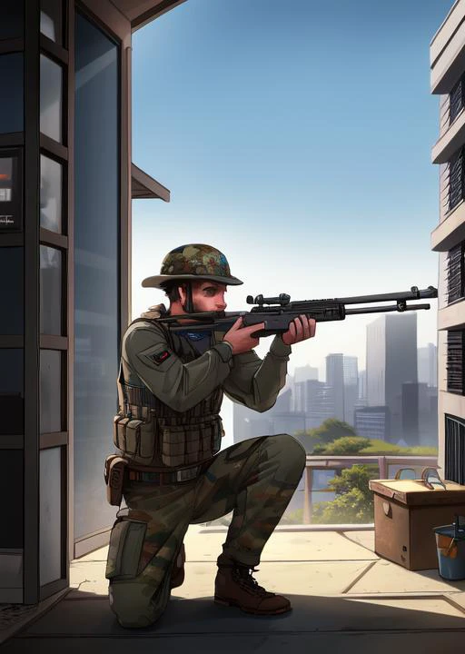 masterpiece, best quality, detailed lips, detailed face, detailed skin, 1boy, <lyco:gunsLoHatry3-000025:0.7>, sniper rifle, one knee, aiming, cowboy shot, military, load bearing vest, camouflage, helmet, rooftop, scope, city,