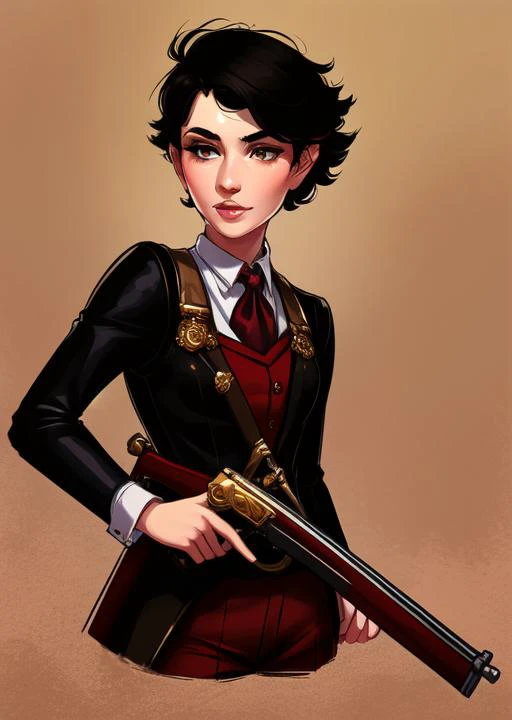 masterpiece, best quality, detailed lips, detailed face, detailed skin, 1girl, tomboy, short hair, skinny, holding weapon, antique firearm, musket, gun pointed down, rifle, flintlock, <lyco:gunsLoHatry3-000025:0.7>