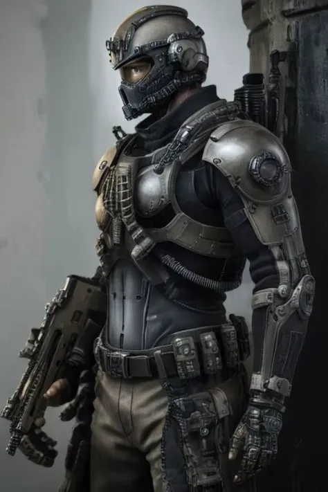 a man in plate armor made from a black non reflective metal, wearing a helmet and gasmask and firing an (assault rifle), ((black armor)), holding weapon
(masterpiece), 8k, Absurdres, best quality, deep colors, Depth-of-field, Efficient Sub-Pixel, HDR, Low ISO, masterpiece, Maximum clarity and sharpness, Multi-Layered Textures, Octane Render, PBR Texturing, Perfect proportions, Post-processing, Rule of thirds, sub-pixel convolution. Subsurface scattering, Super-Resolution, Surface shading, Unreal 5, White balance, Wide aperture, wide-angle Hyperdetailed,
masterpiece, best quality, ((adult)), extremely detailed face, perfect lighting, 1boy, solo, photorealistic, hi res, hyperdetailed, ultrarealistic, ((cowboy shot)), ((action pose)),
male, powersuit,1boy, solo, no face, (helmet), knight, , armor, assault rifle, helghast, , cyberg1gerng, ruanyi0300,armor,assault rifle,belt,gloves,goggles,holding weapon,m4 carbine,mecha,robot,holding gun,