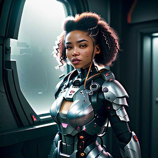 HDR, power armor, titanium, woman, swpunk, synthwave, beautiful African American woman with curly hair long curly brown hair smiling, foggy, natural lighting, absurdres. A cinematic picture of a smiling female sci-fi soldier in power armor, jetpack, shoulder-mounted energy gun, left forearm-mounted shotgun, masterpiece, best quality, wide-angle Hyperdetailed, 8k, Multi-Layered Textures, deep colors, absurdres. (masterpiece), sci-fi, action scene, Super-Resolution, Unreal 5, Subsurface scattering, PBR Texturing, Post-processing, Anisotropic Filtering, Depth-of-field, Maximum clarity and sharpness, Multi-layered textures, Albedo and Specular maps, Surface shading, Accurate simulation of light-material interaction, Perfect proportions, Octane Render, Two-tone lighting, Low ISO, White balance, Rule of thirds, Wide aperture, Efficient Sub-Pixel, sub-pixel convolution, luminescent particles. female Spartan, power armor, science fiction, moonlit night in futuristic city, perfect eyes, face, lighting, sci-fi city background, codpiece. cyberpunk, tech armor, glowing armor, neon armor, power armor, glow, neon, mechanical parts, tech parts, technological city full of neons, cyberpunk city, neon city, glow, action shot, very vivid lighting, detailed (vibrant, photorealistic, realistic, dramatic, dark, sharp focus).