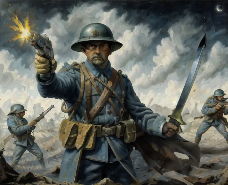 Painting of a WW1 French soldier holding weapon, revolver, sword in left hand, aiming, heavy fire at the Battle of Passchendaele, dark skies, Mud, Grenades, No man's land, Dust storms, Gunfire, Smoke, Whistling shells, Shadowy, Hopelessness, Broken mirrors, Drybrush, Isolation, Triadic, in the style of (Leonora Carrington, Ivan Albright, Hieronymus Bosch:1.1), ultra detailed, intricate, surrealism, <lora:ww1_french_soldier_v0.2:0.6>, <lyco:ArsenalLoHa-v1.0:0.7>