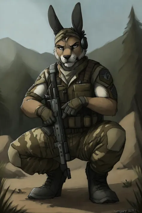 uploaded on e621, by Jay Naylor,  by Xenoforge, by honovy, waist up portrait, solo, anthro bunny male, bandana, tactical gloves, (military uniform, military headset, chest rig, armor vest, tactical clothing, camo), ((PMC operative)), crouching down, (holding a sniper rifle, DVL-10 sniper rifle,) solo, wilderness, serious, Tarkov, B.E.A.R. PMC operative, uhd, hdr, 4k,  <lora:ArsenalLoHa-v1.0:0.65>  sniper rifle