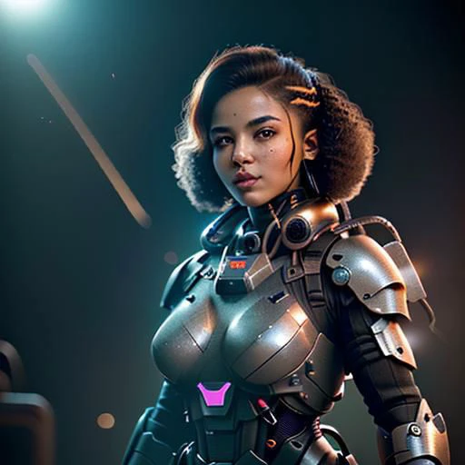 HDR, power armor, mounted weapons, titanium, woman, swpunk, synthwave, beautiful African American woman with long curly frizzy brown hair smiling, foggy, natural lighting, absurdres. A cinematic picture of a smiling female sci-fi soldier in power armor, jetpack, rocket pack, shoulder-mounted energy gun, left forearm-mounted shotgun, masterpiece, best quality, wide-angle Hyperdetailed, 8k, Multi-Layered Textures, deep colors, absurdres. (masterpiece), sci-fi, action scene, Super-Resolution, Unreal 5, Subsurface scattering, PBR Texturing, Post-processing, Anisotropic Filtering, Depth-of-field, Maximum clarity and sharpness, Multi-layered textures, Albedo and Specular maps, Surface shading, Accurate simulation of light-material interaction, Perfect proportions, Octane Render, Two-tone lighting, Low ISO, White balance, Rule of thirds, Wide aperture, Efficient Sub-Pixel, sub-pixel convolution, luminescent particles. female Spartan, power armor, science fiction, moonlit night in futuristic city, perfect eyes, face, lighting, sci-fi city background, codpiece. cyberpunk, tech armor, glowing armor, neon armor, power armor, glow, neon, mechanical parts, tech parts, technological city full of neons, cyberpunk city, neon city, glow, action shot, very vivid lighting, detailed (vibrant, photorealistic, realistic, dramatic, dark, sharp focus).