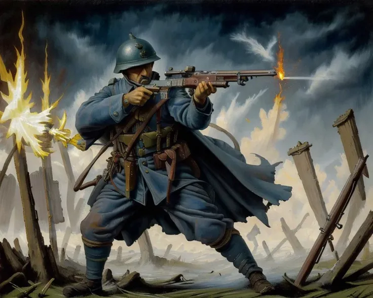 Painting of a WW1 French soldier holding weapon, one hand, (handgun:1.2), (revolver:1.2), blue cloak, blue cape, aiming, heavy fire at the Battle of Passchendaele, dark skies, Mud, Grenades, No man's land, Dust storms, Gunfire, Smoke, Whistling shells, Shadowy, Hopelessness, Broken mirrors, Drybrush, Isolation, Triadic, in the style of (Leonora Carrington, Ivan Albright, Hieronymus Bosch:1.1), ultra detailed, intricate, surrealism, <lora:ww1_french_soldier_v0.2:0.6>, <lyco:ArsenalLoHa-v1.0:0.75>